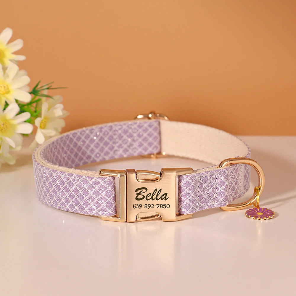 Custom Bling Nylon Dog Collar Free Engraved Puppy Dog ID Name Collars With Cute Flower Tag Accessory For Small Medium Dogs Cats