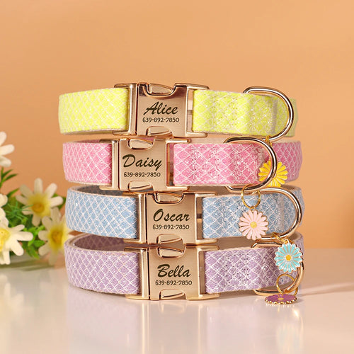 Custom Bling Nylon Dog Collar Free Engraved Puppy Dog ID Name Collars With Cute Flower Tag Accessory For Small Medium Dogs Cats