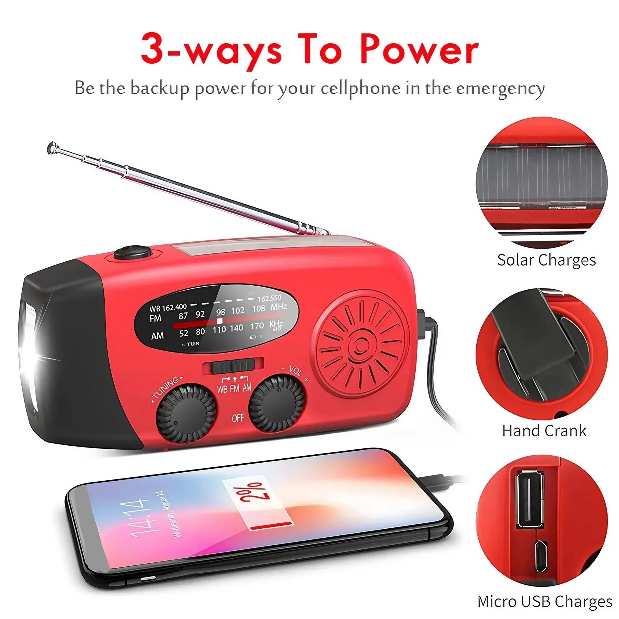 RADIO EMERGENCIA CON LINTERNA Y CARGADOR USB